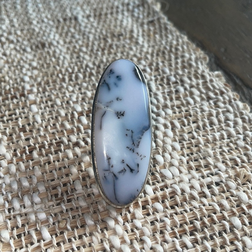 Large Oval Sterling Silver Dendritic Opal Ring Size 7